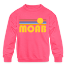 Moab, Utah Youth Sweatshirt - Retro Sunrise Youth Moab Crewneck Sweatshirt - neon pink