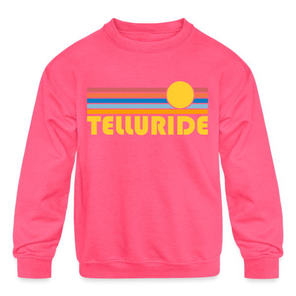 Telluride, Colorado Youth Sweatshirt - Retro Sunrise Youth Telluride Crewneck Sweatshirt - neon pink