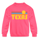 Texas Youth Sweatshirt - Retro Sunrise Youth Texas Crewneck Sweatshirt - neon pink