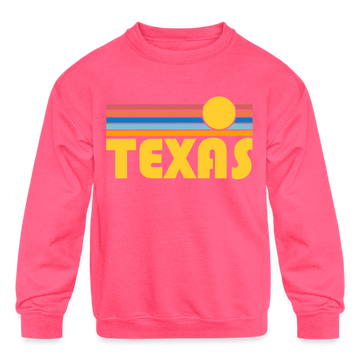 Texas Youth Sweatshirt - Retro Sunrise Youth Texas Crewneck Sweatshirt - neon pink