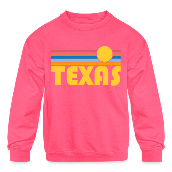 Texas Youth Sweatshirt - Retro Sunrise Youth Texas Crewneck Sweatshirt - neon pink