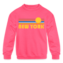 New York, New York Youth Sweatshirt - Retro Sunrise Youth New York Crewneck Sweatshirt - neon pink
