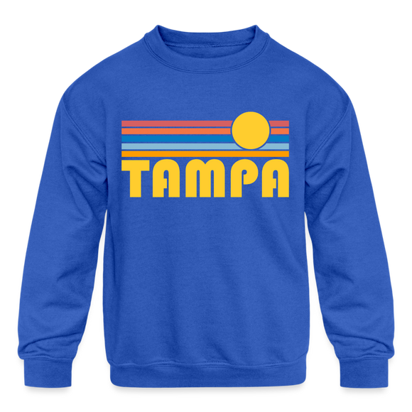 Tampa, Florida Youth Sweatshirt - Retro Sunrise Youth Tampa Crewneck Sweatshirt - royal blue