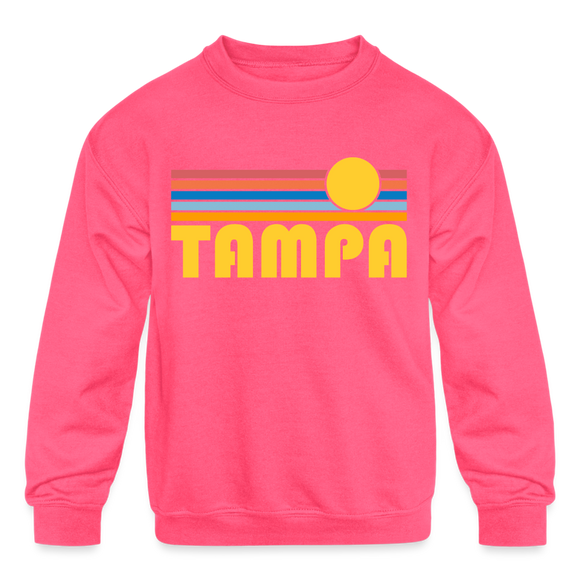Tampa, Florida Youth Sweatshirt - Retro Sunrise Youth Tampa Crewneck Sweatshirt - neon pink