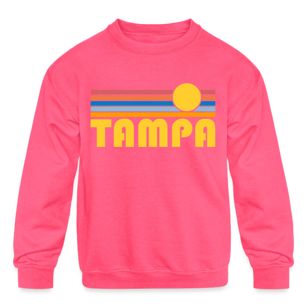 Tampa, Florida Youth Sweatshirt - Retro Sunrise Youth Tampa Crewneck Sweatshirt - neon pink