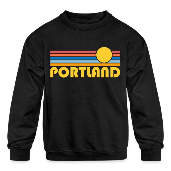 Portland, Oregon Youth Sweatshirt - Retro Sunrise Youth Portland Crewneck Sweatshirt - black
