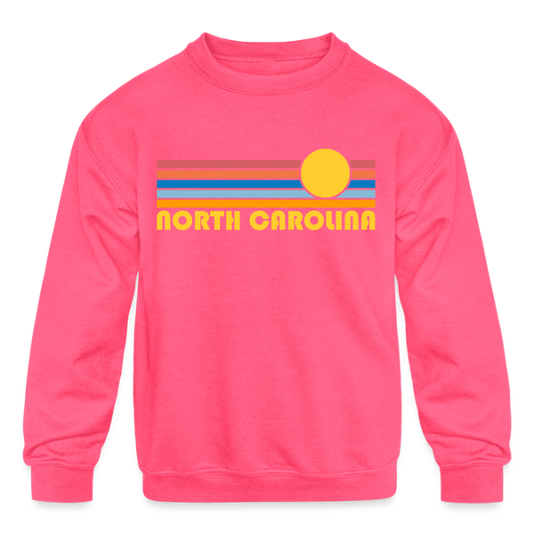 North Carolina Youth Sweatshirt - Retro Sunrise Youth North Carolina Crewneck Sweatshirt - neon pink