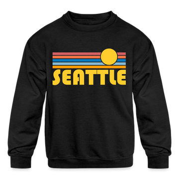 Seattle, Washington Youth Sweatshirt - Retro Sunrise Youth Seattle Crewneck Sweatshirt - black