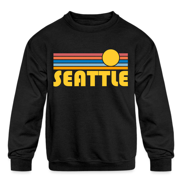 Seattle, Washington Youth Sweatshirt - Retro Sunrise Youth Seattle Crewneck Sweatshirt - black