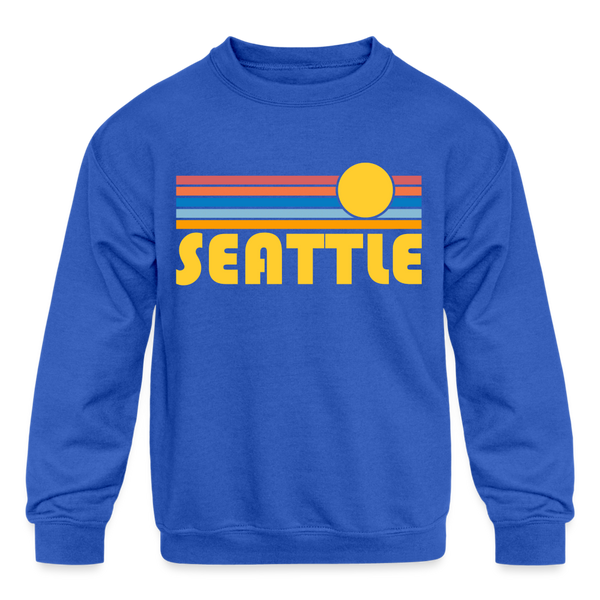 Seattle, Washington Youth Sweatshirt - Retro Sunrise Youth Seattle Crewneck Sweatshirt - royal blue