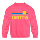 Seattle, Washington Youth Sweatshirt - Retro Sunrise Youth Seattle Crewneck Sweatshirt - neon pink