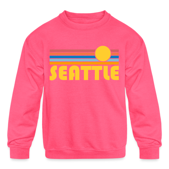 Seattle, Washington Youth Sweatshirt - Retro Sunrise Youth Seattle Crewneck Sweatshirt - neon pink