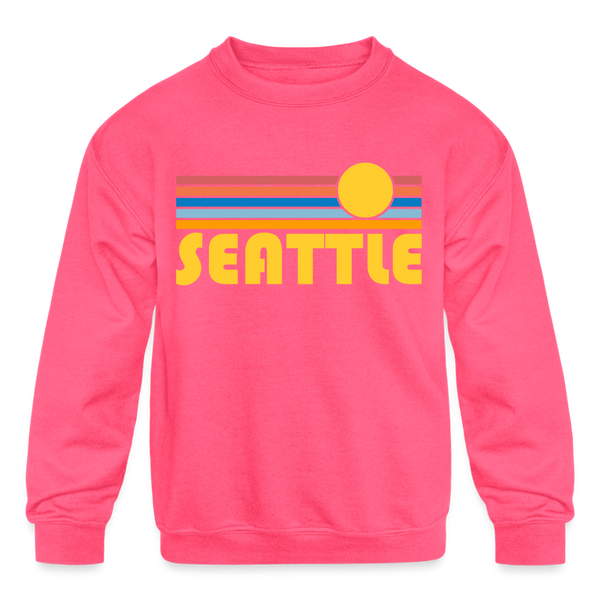 Seattle, Washington Youth Sweatshirt - Retro Sunrise Youth Seattle Crewneck Sweatshirt - neon pink