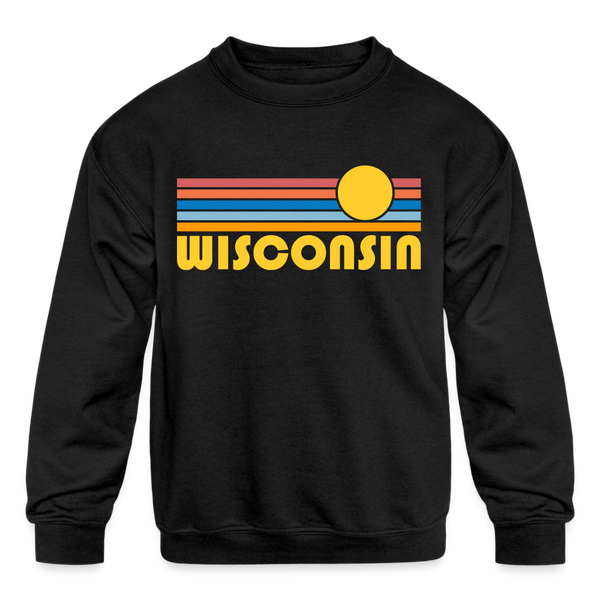Wisconsin Youth Sweatshirt - Retro Sunrise Youth Wisconsin Crewneck Sweatshirt - black