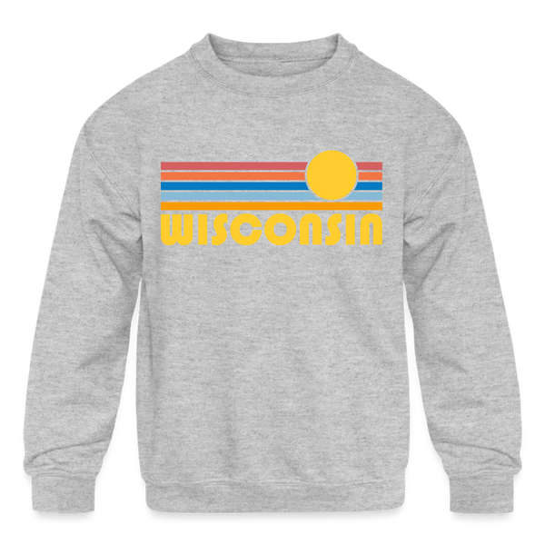 Wisconsin Youth Sweatshirt - Retro Sunrise Youth Wisconsin Crewneck Sweatshirt - heather gray