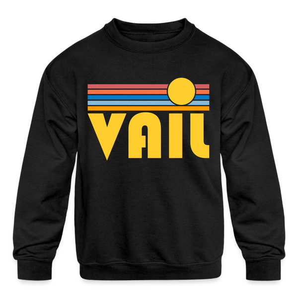 Vail, Colorado Youth Sweatshirt - Retro Sunrise Youth Vail Crewneck Sweatshirt - black
