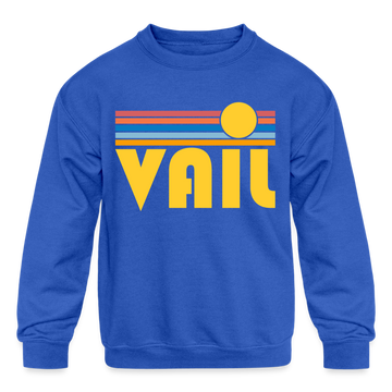 Vail, Colorado Youth Sweatshirt - Retro Sunrise Youth Vail Crewneck Sweatshirt - royal blue