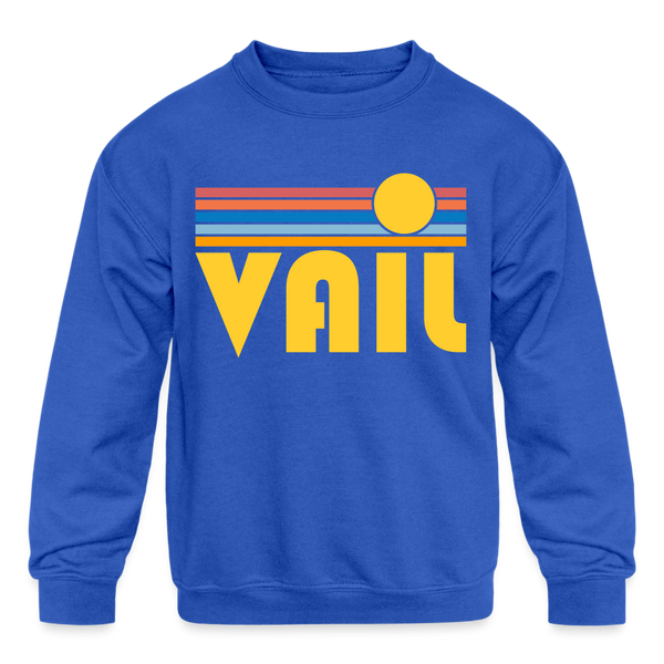 Vail, Colorado Youth Sweatshirt - Retro Sunrise Youth Vail Crewneck Sweatshirt - royal blue