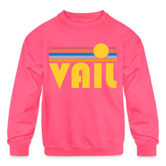 Vail, Colorado Youth Sweatshirt - Retro Sunrise Youth Vail Crewneck Sweatshirt - neon pink
