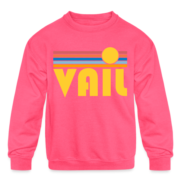 Vail, Colorado Youth Sweatshirt - Retro Sunrise Youth Vail Crewneck Sweatshirt - neon pink