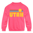Utah Youth Sweatshirt - Retro Sunrise Youth Utah Crewneck Sweatshirt - neon pink