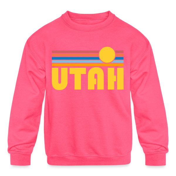 Utah Youth Sweatshirt - Retro Sunrise Youth Utah Crewneck Sweatshirt - neon pink