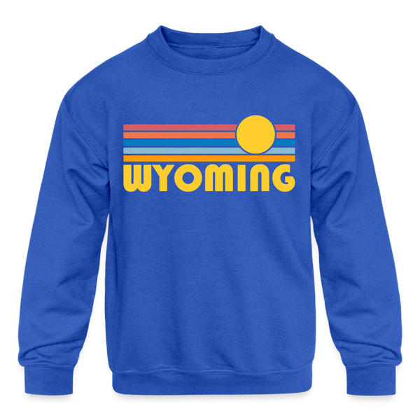 Wyoming Youth Sweatshirt - Retro Sunrise Youth Wyoming Crewneck Sweatshirt - royal blue