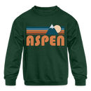 Aspen, Colorado Youth Sweatshirt - Retro Mountain Youth Aspen Crewneck Sweatshirt - forest green