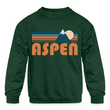 Aspen, Colorado Youth Sweatshirt - Retro Mountain Youth Aspen Crewneck Sweatshirt - forest green