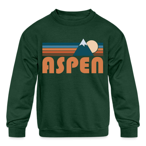 Aspen, Colorado Youth Sweatshirt - Retro Mountain Youth Aspen Crewneck Sweatshirt - forest green