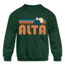 Alta, Utah Youth Sweatshirt - Retro Mountain Youth Alta Crewneck Sweatshirt - forest green