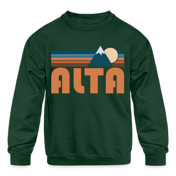 Alta, Utah Youth Sweatshirt - Retro Mountain Youth Alta Crewneck Sweatshirt - forest green