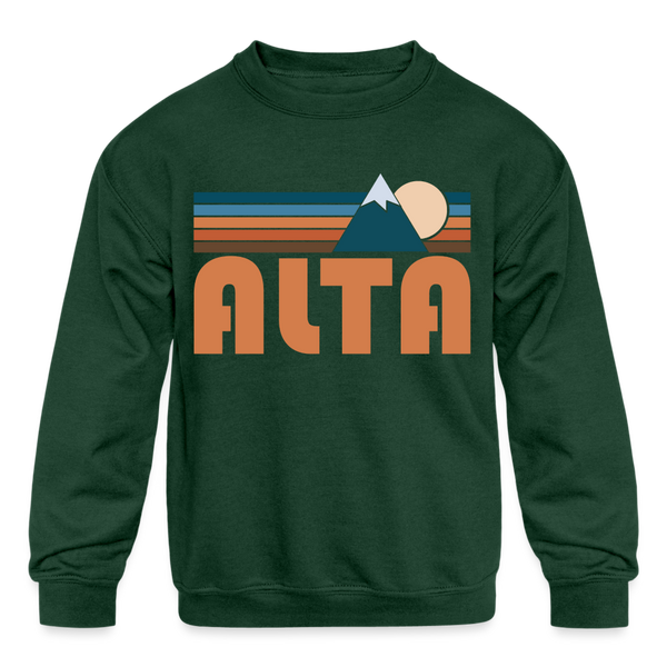 Alta, Utah Youth Sweatshirt - Retro Mountain Youth Alta Crewneck Sweatshirt - forest green