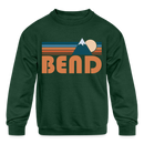 Bend, Oregon Youth Sweatshirt - Retro Mountain Youth Bend Crewneck Sweatshirt - forest green