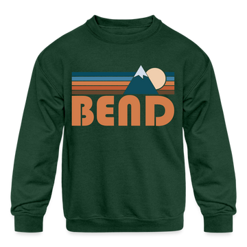 Bend, Oregon Youth Sweatshirt - Retro Mountain Youth Bend Crewneck Sweatshirt - forest green