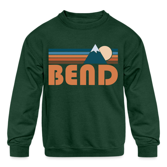 Bend, Oregon Youth Sweatshirt - Retro Mountain Youth Bend Crewneck Sweatshirt - forest green