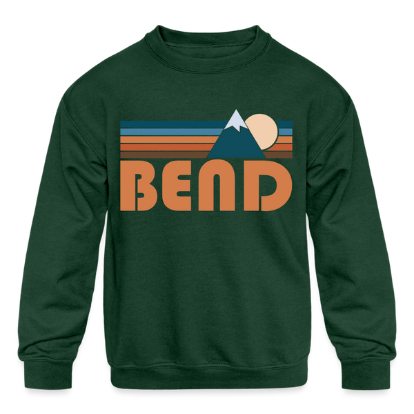 Bend, Oregon Youth Sweatshirt - Retro Mountain Youth Bend Crewneck Sweatshirt - forest green