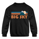 Big Sky, Montana Youth Sweatshirt - Retro Mountain Youth Big Sky Crewneck Sweatshirt - black