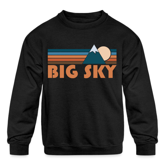 Big Sky, Montana Youth Sweatshirt - Retro Mountain Youth Big Sky Crewneck Sweatshirt - black