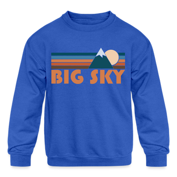 Big Sky, Montana Youth Sweatshirt - Retro Mountain Youth Big Sky Crewneck Sweatshirt - royal blue