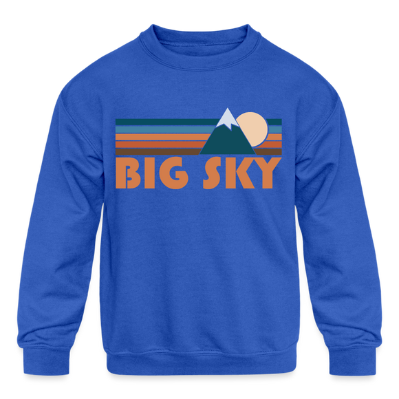 Big Sky, Montana Youth Sweatshirt - Retro Mountain Youth Big Sky Crewneck Sweatshirt - royal blue