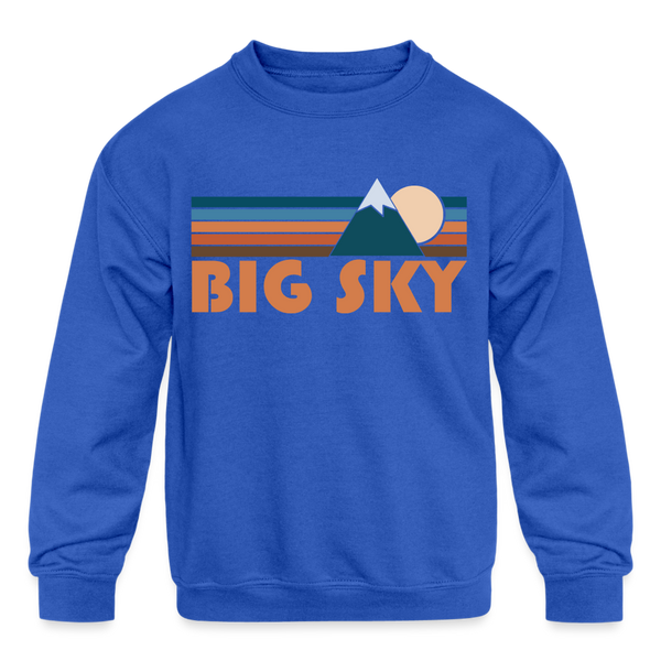Big Sky, Montana Youth Sweatshirt - Retro Mountain Youth Big Sky Crewneck Sweatshirt - royal blue