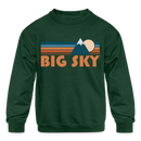 Big Sky, Montana Youth Sweatshirt - Retro Mountain Youth Big Sky Crewneck Sweatshirt - forest green