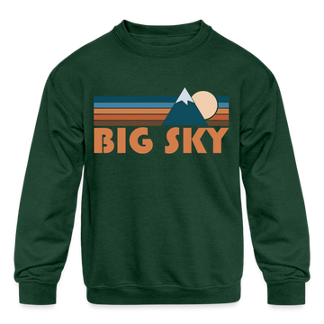 Big Sky, Montana Youth Sweatshirt - Retro Mountain Youth Big Sky Crewneck Sweatshirt - forest green