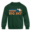 Big Sky, Montana Youth Sweatshirt - Retro Mountain Youth Big Sky Crewneck Sweatshirt - forest green