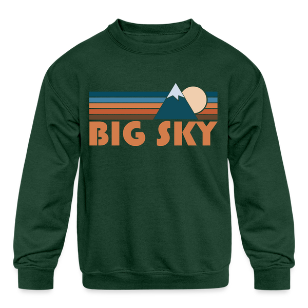 Big Sky, Montana Youth Sweatshirt - Retro Mountain Youth Big Sky Crewneck Sweatshirt - forest green