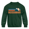 Bozeman, Montana Youth Sweatshirt - Retro Mountain Youth Bozeman Crewneck Sweatshirt - forest green