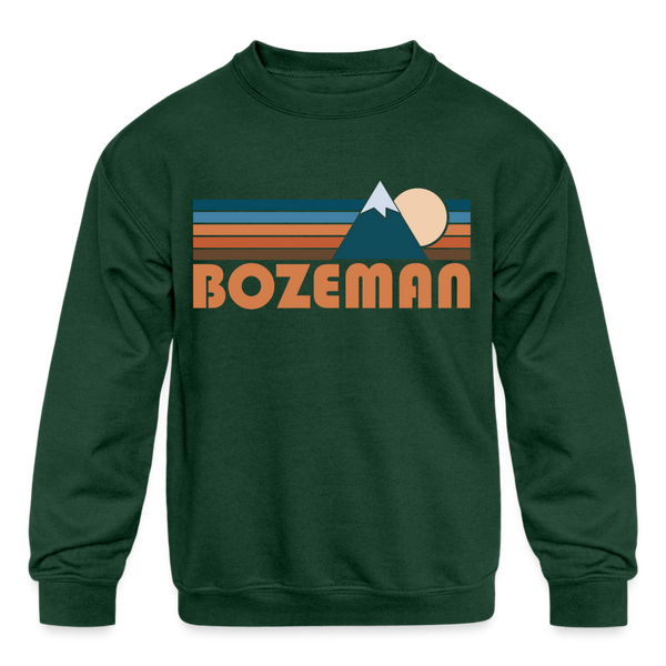 Bozeman, Montana Youth Sweatshirt - Retro Mountain Youth Bozeman Crewneck Sweatshirt - forest green