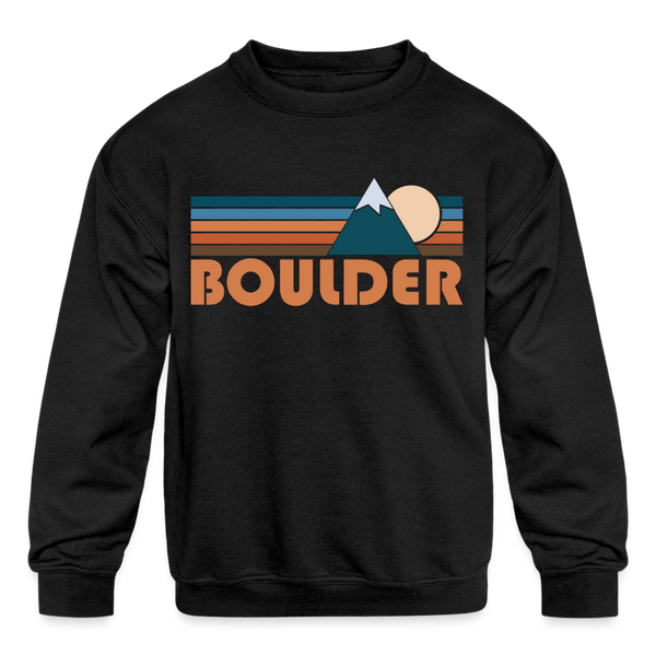 Boulder, Colorado Youth Sweatshirt - Retro Mountain Youth Boulder Crewneck Sweatshirt - black