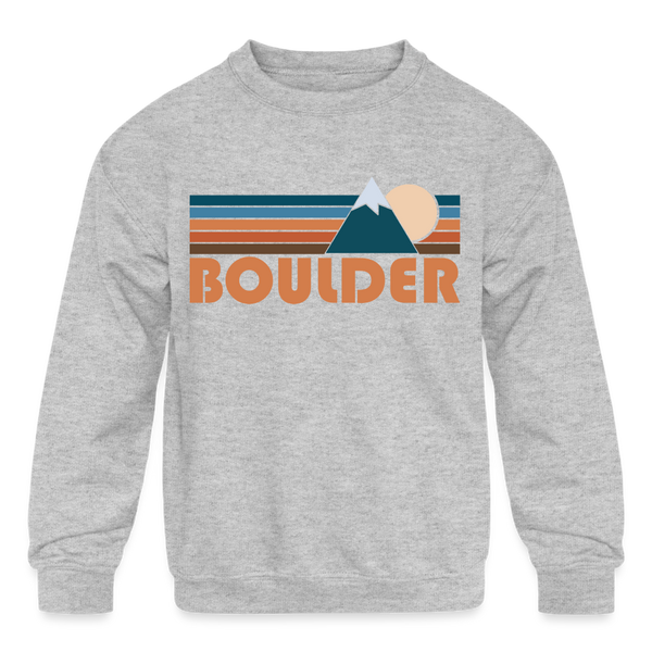 Boulder, Colorado Youth Sweatshirt - Retro Mountain Youth Boulder Crewneck Sweatshirt - heather gray